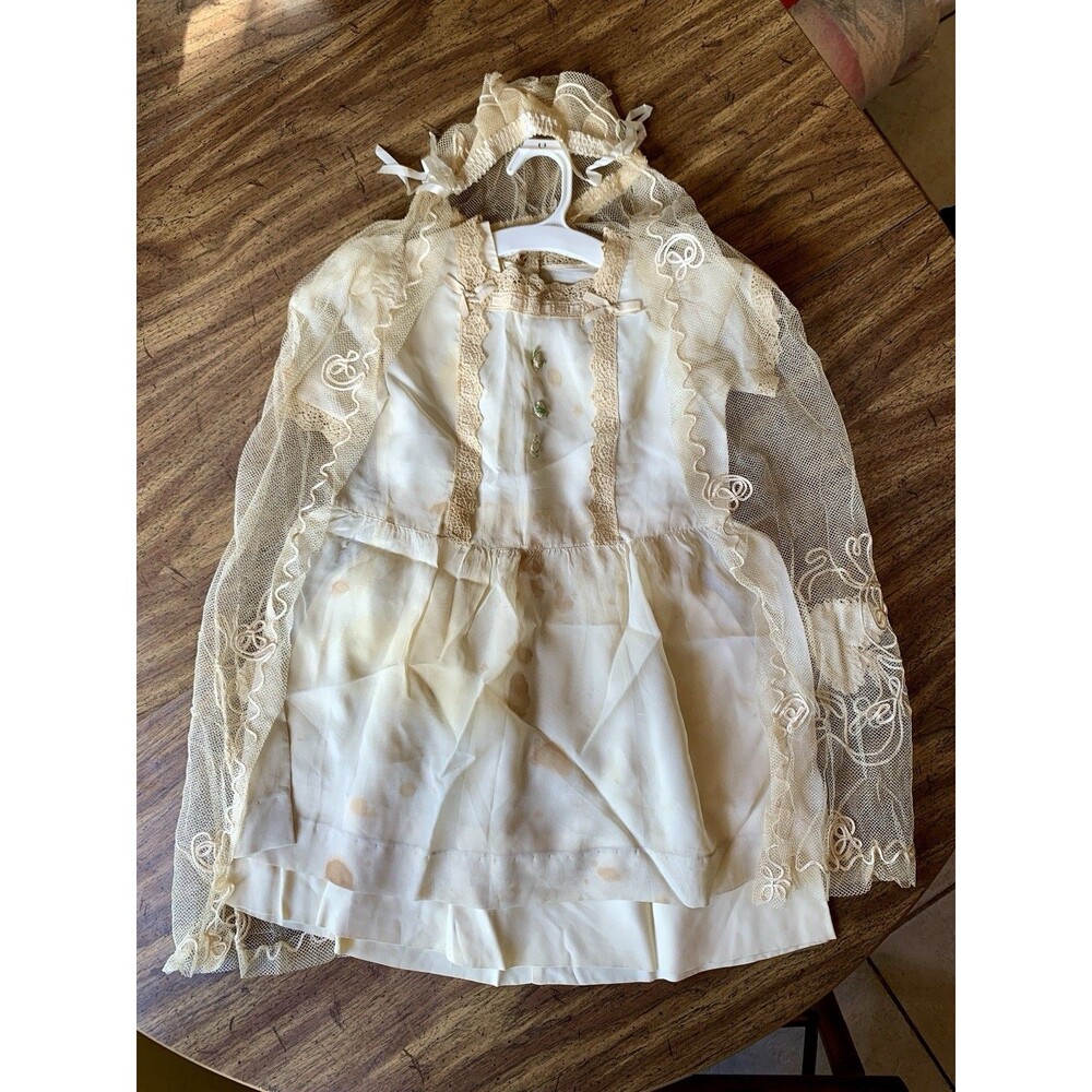 1942 Vintage First Communion Dress, 3 pieces,  Satin, Lace, Veil, Fair Condition